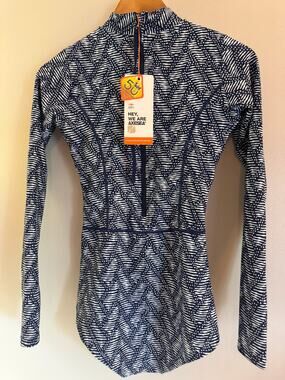 AXESEA Women's Size 10 Long Sleeve One Piece Swimsuit UPF 50+ Navy White NWT